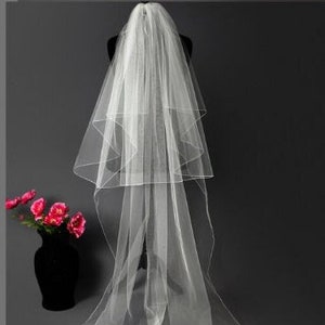 Wedding Veil ,2Tier veil with Pencil edge, Bridal Plain Classic Veil, Ivory, Chapel length Veil UK Bridal Veils-Free Veil Hanger clip