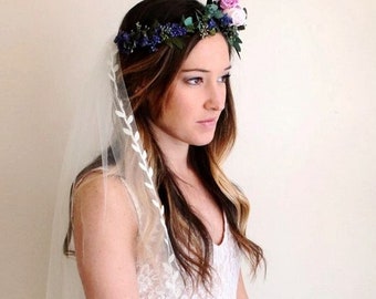 Veil with leaf edge Veil, Cathedral Chapel or Fingertip Softest Ivory or Off White Tulle,300cms, woodland , Boho themed Wedding Veil