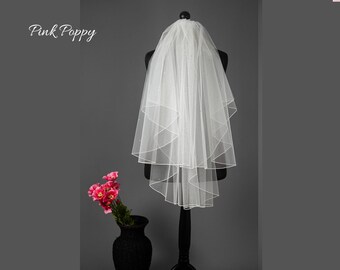 Wedding Veil Plain Classic with Satin, Pencil or Raw edge, 2 tier Fingertip length created from Ivory Tulle with Comb attached