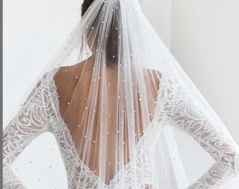 Wedding Veil with LOTS OF PEARLS, Pearl Wedding Veil,300cms, ivory or Off White with raw edge veil, Softest tulle veil with comb