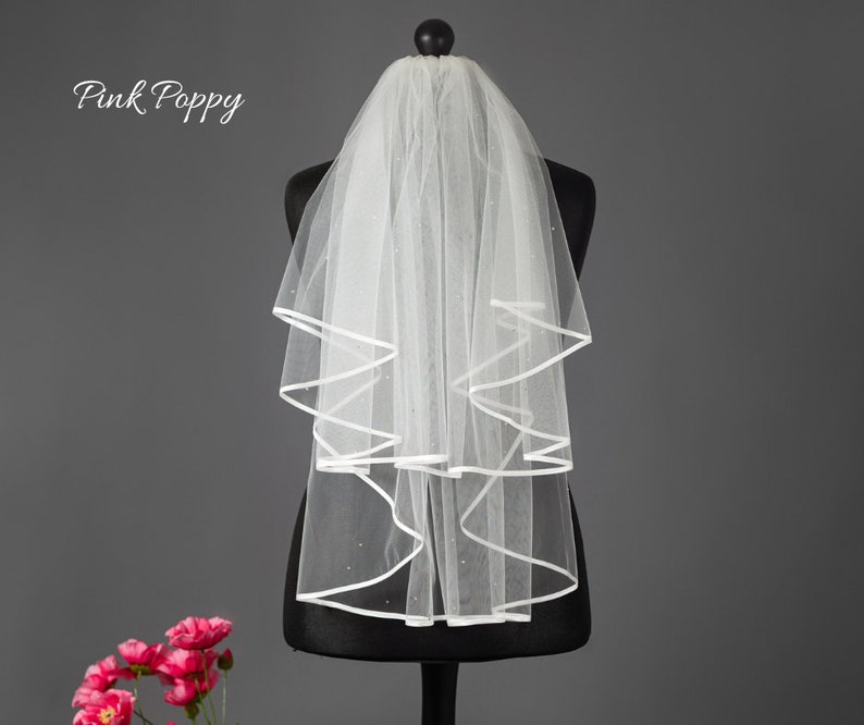 2 Tier Elbow length Wedding Veil 70/58cms, Rhinestones, Pearls or Crystals Ivory Veil, Satin, Pencil or Raw cut edge. Brides Veil image 2