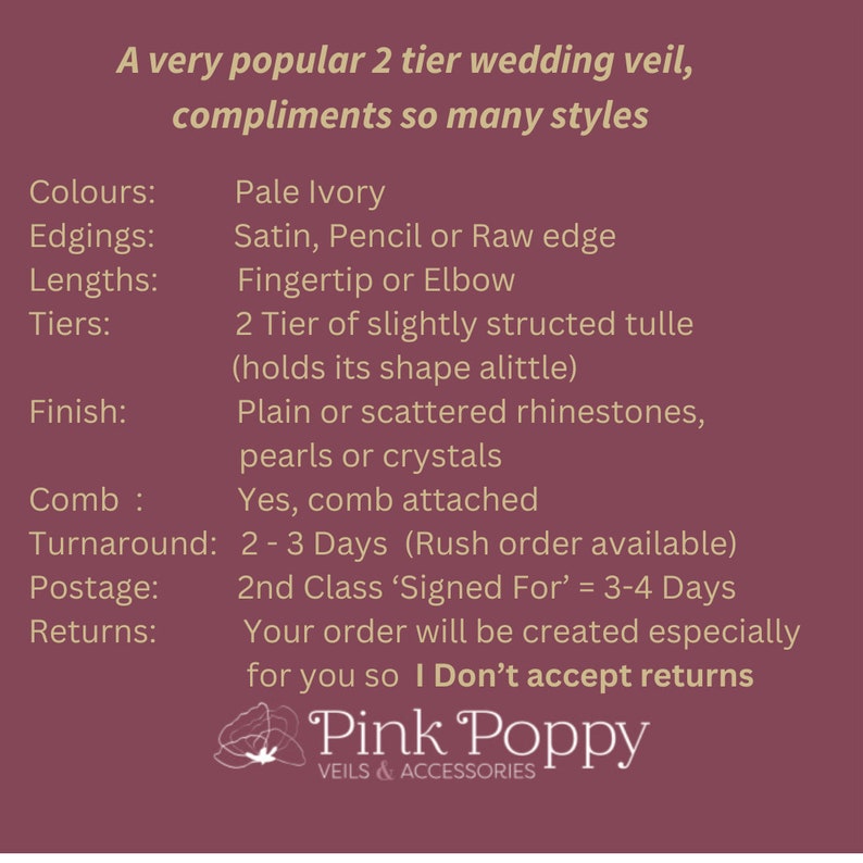 2 Tier Elbow length Wedding Veil 70/58cms, Rhinestones, Pearls or Crystals Ivory Veil, Satin, Pencil or Raw cut edge. Brides Veil image 10