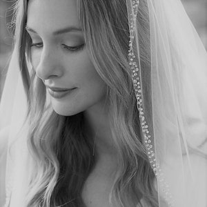 Veil with crystal and pearl beaded edge, Fingertip/Hip length, 40 100cms, Softest Ivory Tulle , One Tier Beaded edge Wedding veil image 6