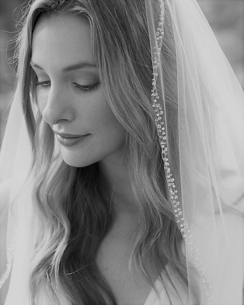 Veil with crystal and pearl beaded edge, Fingertip/Hip length, 40 100cms, Softest Ivory Tulle , One Tier Beaded edge Wedding veil image 6