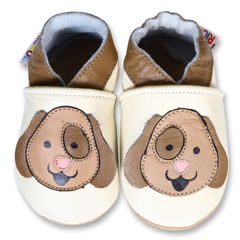Soft Sole Leather Baby Shoes. Slippers. Moccasins. Infant Toddler Children Cream Dog