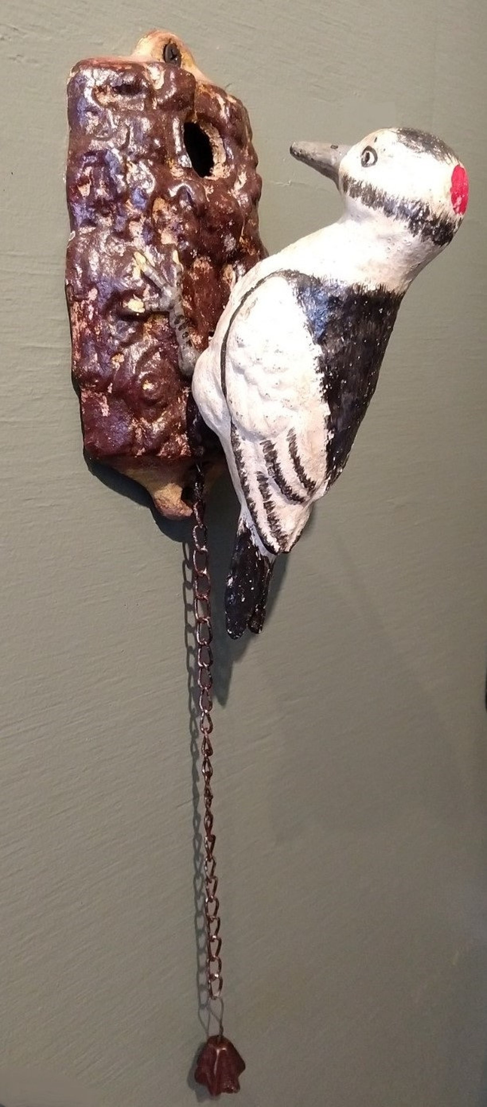 Woodpecker Mechanical Door Knocker Hand Painted Cast Iron With Chain