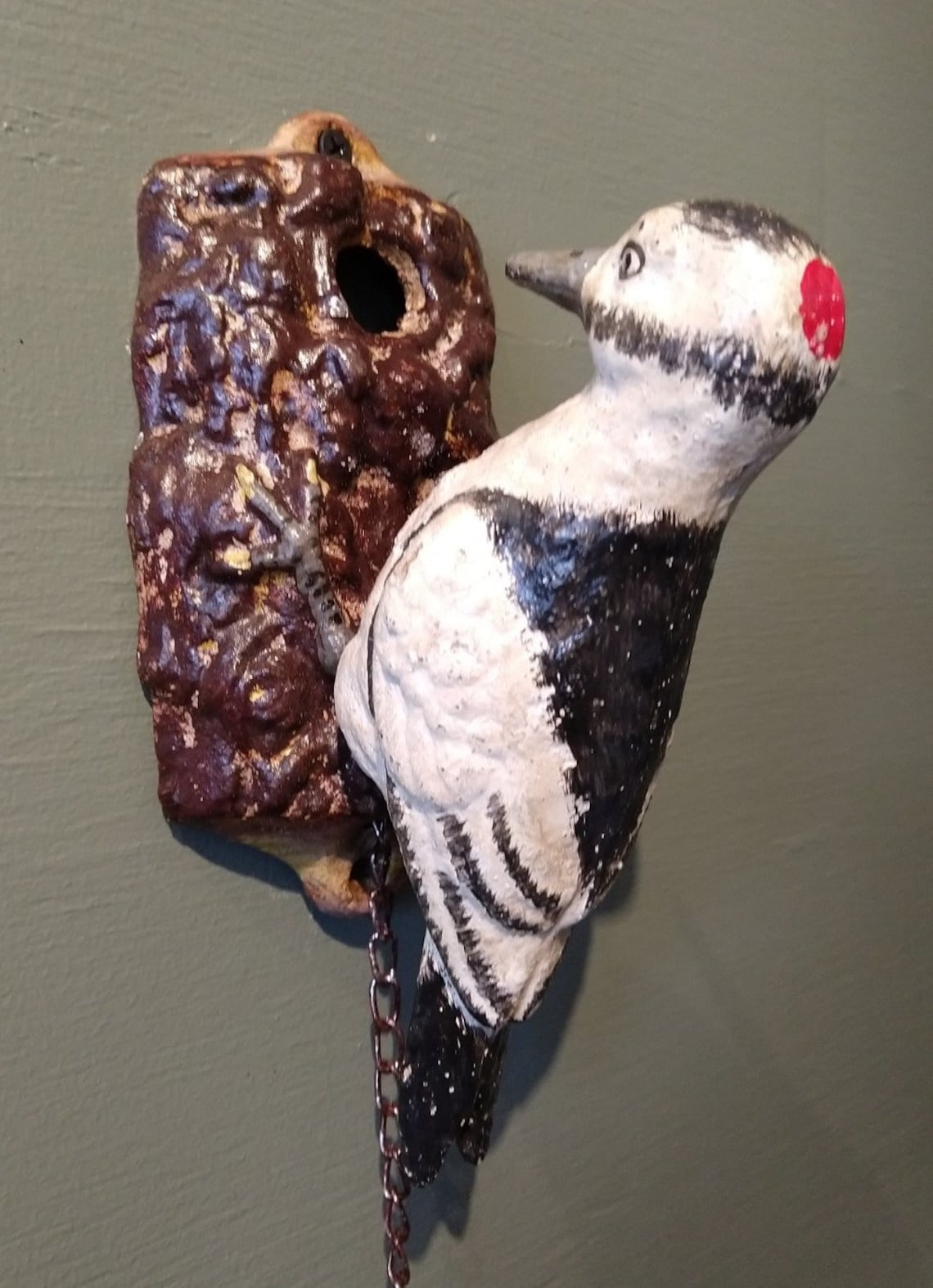 Woodpecker Mechanical Door Knocker Hand Painted Cast Iron With Chain