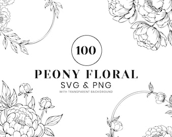 Peony SVG Bundle, 100 Botanical Line Art Clipart,  Floral Wedding Clipart, Peony PNG Transparent, Cricut Flowers, Wreath Frame Divider