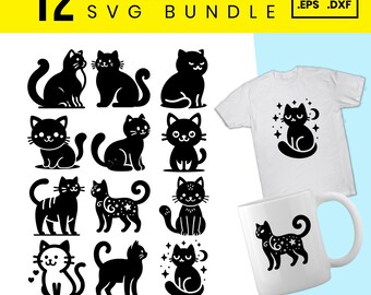 Paquete de 12 SVG de gatos: siluetas de gatitos adorables, archivos de corte para Cricut y Silhouette