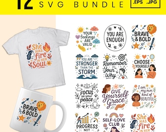 Positive Affirmations SVG Bundle: Boho Mental Health Quotes (Digital Download)