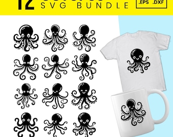 Octopus SVG-bundel, 12 schattige en realistische Octopus SVG-bestanden, zeedier SVG, Ocean Marine Life-svg voor Cricut en sublimatie