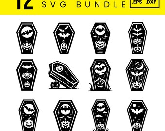 Halloween coffin svg bundle, 12 spooky coffin svg files, creepy halloween svg, gothic svg, skeleton svg for cricut and silhouette