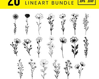 Wildflower Line Art SVG Bundle: Botanical Floral Clipart for Cricut & Silhouette (Digital Download