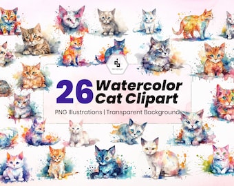 Cat PNG | Cat Clipart Watercolor | 26 High Quality transparent png for Commercial Use | Instant Digital Download