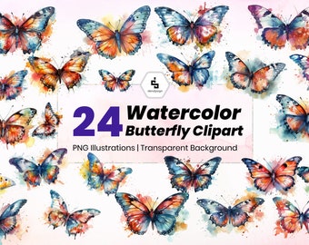 Butterfly Clipart Watercolor | 24 High Quality transparent png for Commercial Use | Instant Digital Download