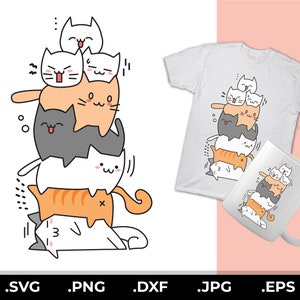 Puede incluir: Una pila de cinco gatos de dibujos animados, cada uno con una expresión diferente, están apilados uno encima del otro. Los gatos son todos blancos con contornos negros y tienen diferentes acentos de color. Los gatos están apilados uno encima del otro de una manera juguetona y caprichosa. La imagen es perfecta para un diseño de camiseta o una taza.