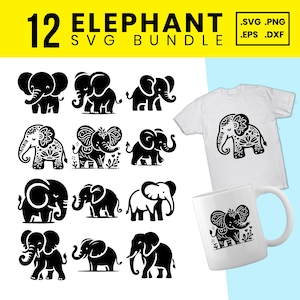 May include: A collection of 12 black elephant SVG designs, with examples on a white t-shirt and mug. The designs include various elephant illustrations, with the text "12 ELEPHANT SVG BUNDLE" at the top.