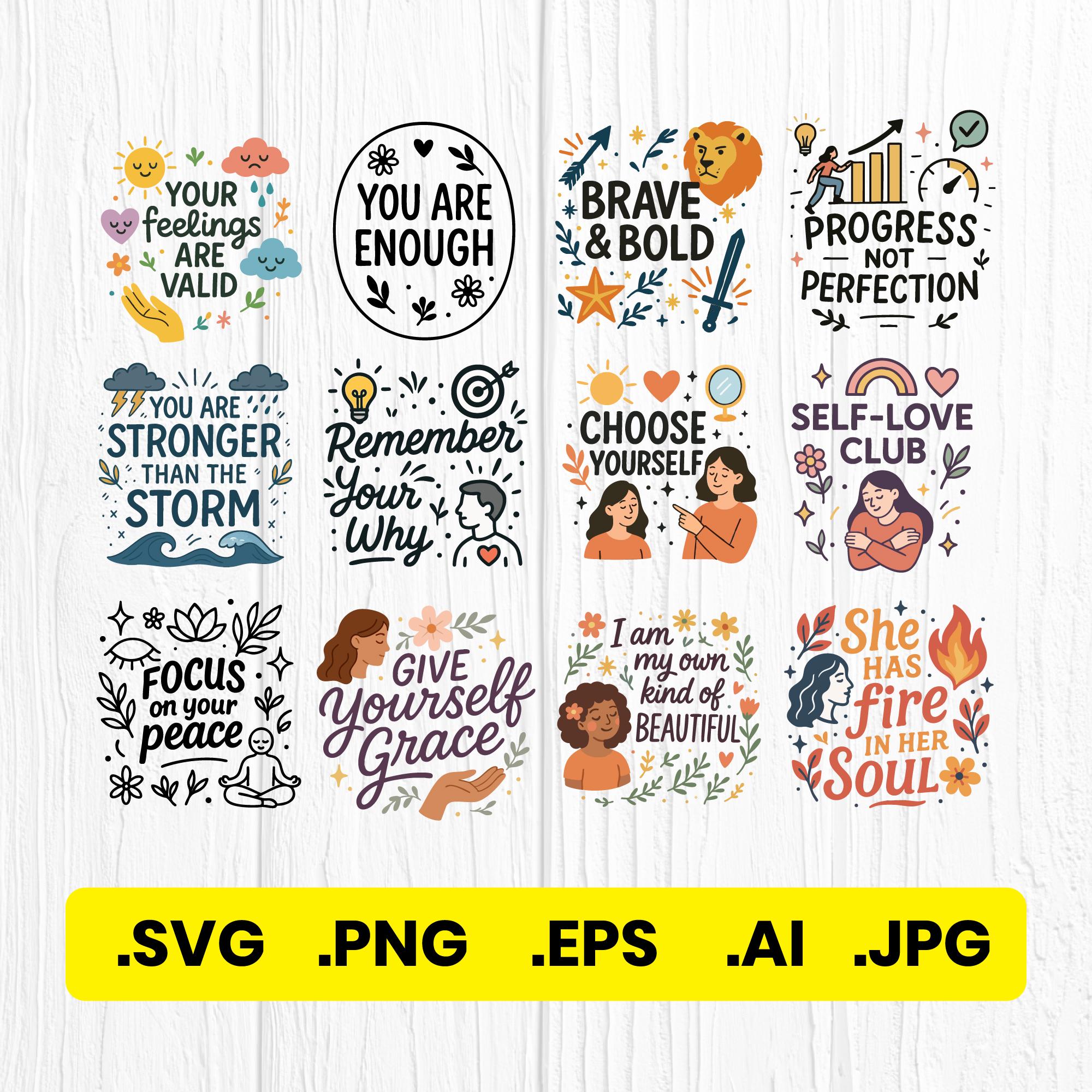 Positive Affirmations SVG Bundle: Boho Mental Health Quotes (digital ...