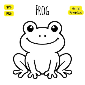 May include: A black and white digital graphic of a frog with large eyes and a wide smile. The word FROG is centred above the illustration. Yellow rectangular labels in the corners display the text SVG, PNG, and DIGITAL DOWNLOAD.