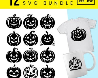 Pumpkin Face SVG-bundel: 12 Halloween Jack O' Lantern-ontwerpen (digitale download)