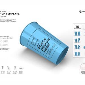 以下が含まれることがあります： 青いプラスチックカップのモックアップテンプレートで、側面に「Place Design Here」というテキストが書かれています。テンプレートには、カップの異なる角度が10種類、編集可能な色、透明な背景が含まれています。