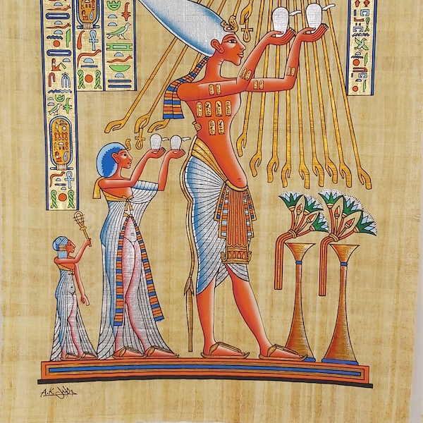 Pintura de papiro egipcio, Akenatón y Nefertiti ofrecen sacrificios, Papiro egipcio