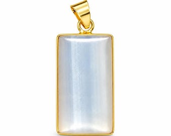 May include: A rectangular pendant featuring a smooth, iridescent white stone set within a polished gold-toned metal frame. The pendant includes a matching gold-toned bail at the top, designed for attachment to a chain or cord for wear as a necklace.