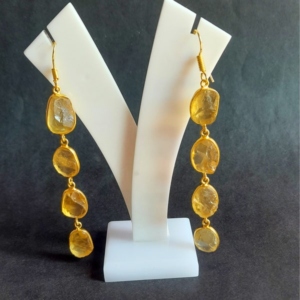 Raw Citrine Earrings, Yellow Gemstone Jewelry, Natural Citrine Gemstone Jewelry, Women Earrings, Unique Gold Plated Anniversary Earrings, On