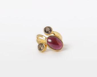 Hessonit granat och rökkvartsring, förgylld mässing, justerbar ring, födelsedagspresentring, rökkvartssmycken, stapelbara ringar, present