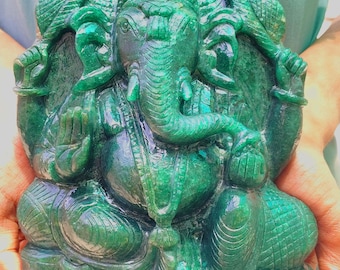 Hand-Carved Green Aventurine Ganesha Statue, Hindu Deity Ganpati Sculpture for Wealth & Prosperity, Aventurine Carving, Spiritual Home Decor