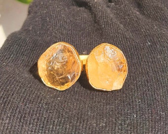 Natuurlijke gele dubbele stenen ring citrien, 18k verguld messing, alledaagse ring, verstelbare ring, ruwe citrien sieraden, stapelbare ring, geschenken