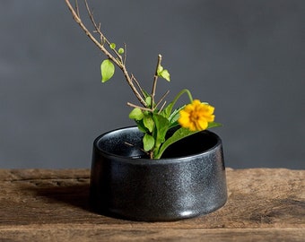 Stonware Ikebana Vase Set（Ceramic Vase & Metal Kenzan）/Ikebana Bowl/Ikebana Container/Japanese Ikebana/Flower Arrangement/Suiban