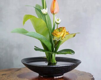 Vintage Ikebana Vase Set（Ceramic Vase + KENZAN）/Flower Arrangement/Kenzan Vase/Ceramic Vase/Japanese Ikebana/Ikebana Bowl