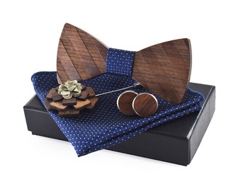 Novelty Wood Bow Tie Handmade Groom Groomsman Pre-tie Bowtie Pocket Square and Mens Cufflinks Set with Gift Box Novelty Wood Bow Tie Handmade Groom Groomsman Pre-tie Bowtie Pocket Square and Mens Cufflinks Set with Gift Box