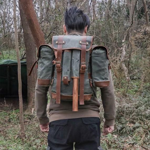 Leather and Waxed Canvas Bushcraft Backpack, Camping Bag