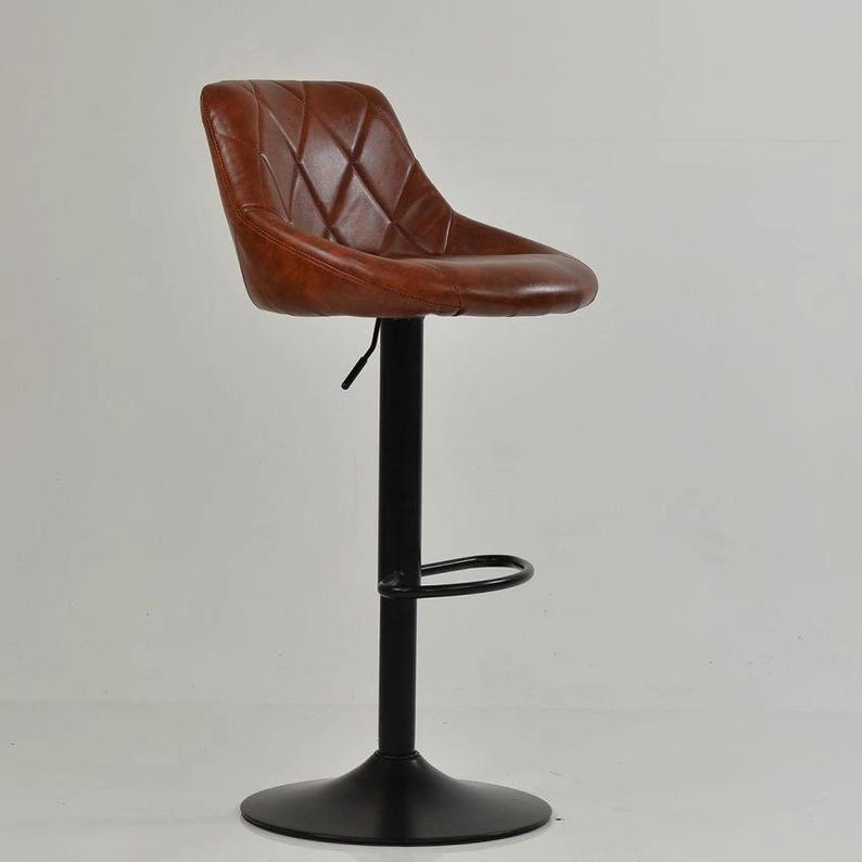 Faux Leather Breakfast Bar Stool – Vintage Brown Adjustable Swivel Kitchen Counter Stools with Industrial Black Base image 2