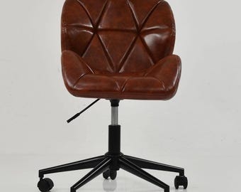 Vintage Brown Faux Leather Office Chair – Swivel Adjustable Desk Chair with Wheels, Industrial Mid-Century Black Base