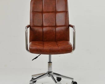 Vintage Brown Faux Leather Office Chair Mid Century Swivel Gas Powered Desk Seat