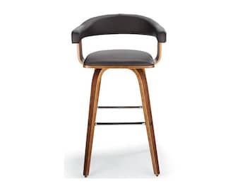 Walnut Bar Stools Brown Faux Leather Wooden Breakfast Bar Kitchen Counter Stool - Vintage Industrial Mid Century