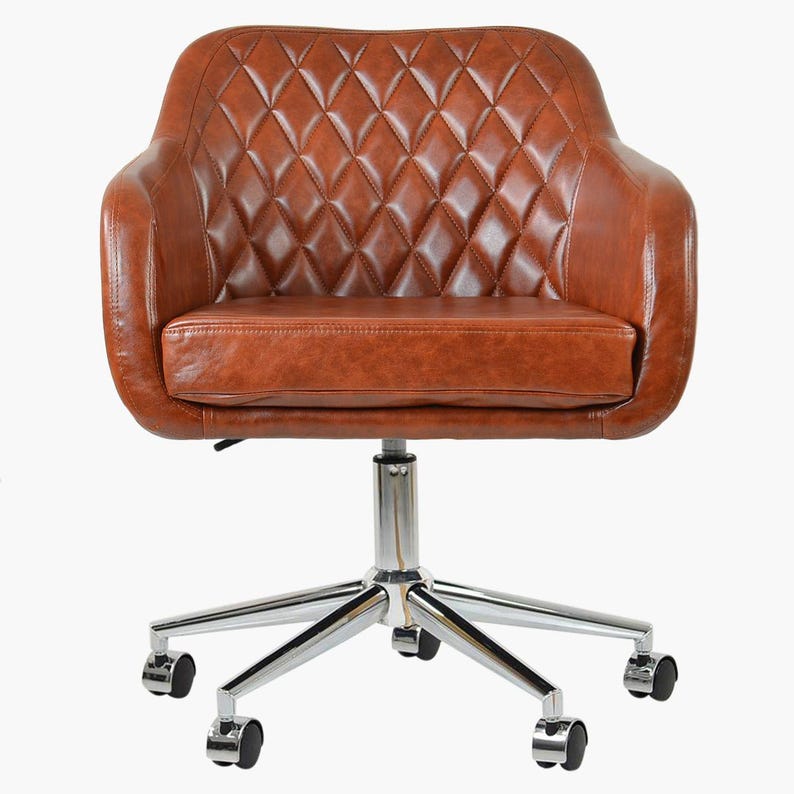 Brown Leather Office Desk Chair Vintage Faux Industrial Retro Swivel