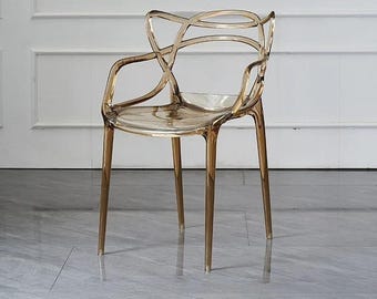 Gold Polycarbonate Dining Chair, Translucent Clear Masters Style, Kitchen Chair & Outdoor Seating