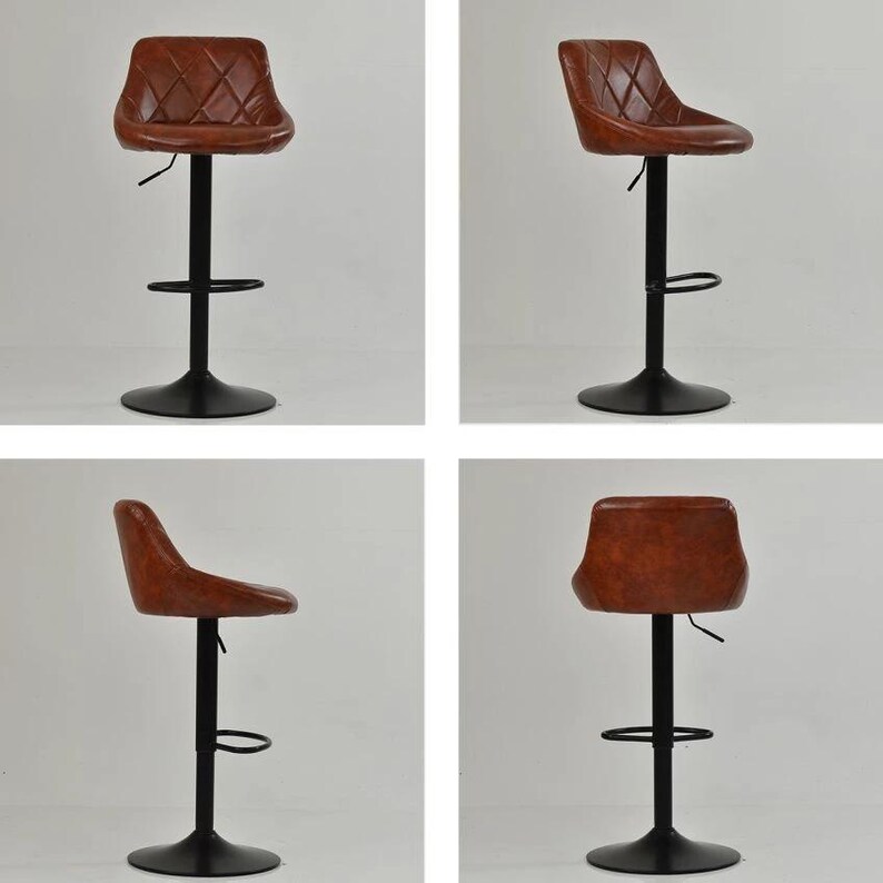Faux Leather Breakfast Bar Stool – Vintage Brown Adjustable Swivel Kitchen Counter Stools with Industrial Black Base image 6