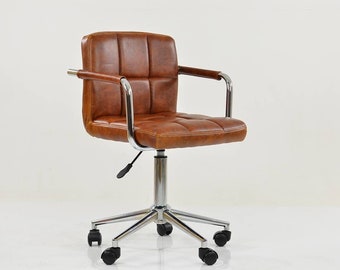 Office Chair Desk Faux Leather Brown Black Vintage Mid Century Swivel Retro Gas Powered Seat Breathable Boardroom