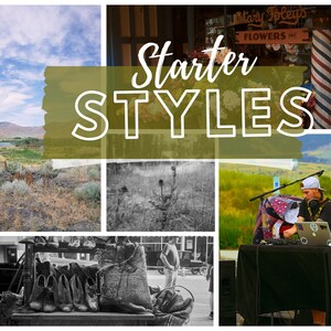 May include: A collage of images featuring a landscape, a black and white photo of plants, a DJ setup with a person wearing a hat and headphones, and a black and white photo of a rack of shoes and bags. The text "Starter Styles" is written in white letters on a green background.