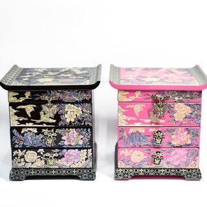 Korean Mother of Pearl Jewelry Box 2 drawers Peony and Butterlfy Birds Design Unique Gift ideas for Her Christams Birthday Wedding