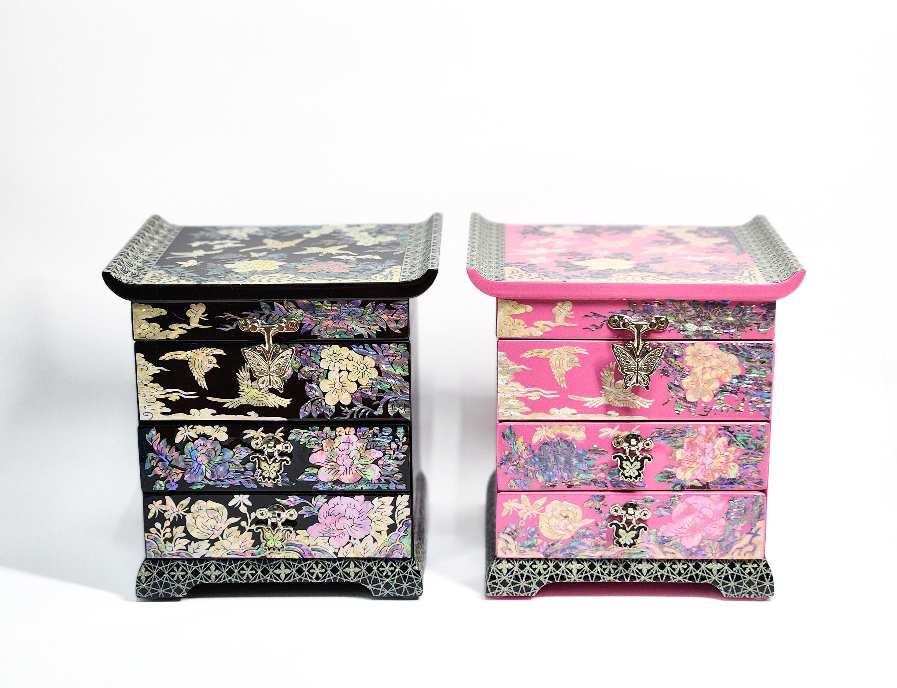 Korean Mother of Pearl Jewelry Box 2 Drawers Peony and Butterfly