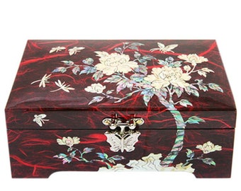 Korean Hanji, mother of pearl mini wooden red jewelry box (15cm)