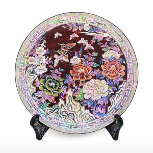 Korean mother of pearl peony butterfly red plate