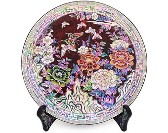 Assiette coréenne papillon rouge pivoine nacre