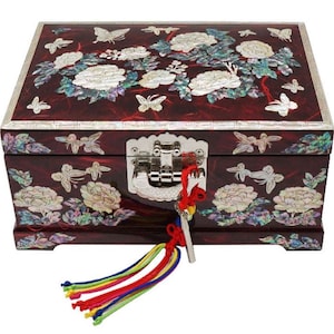Peony Korean paper Hanji red 2 stage mother of pearl jewelry box